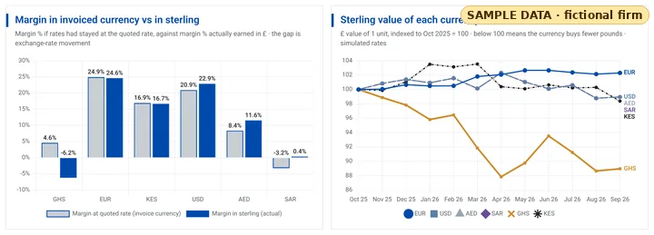Bar chart comparing margin in the invoiced currency with margin in sterling by currency, and a line chart of the sterling value of each currency
